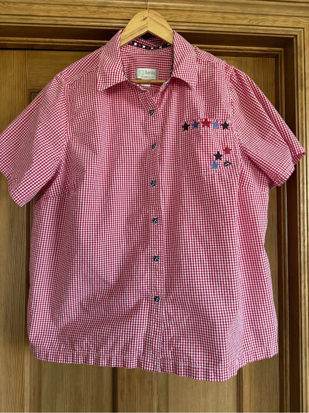 CJ Banks Red and White Gingham Short Sleeve Button Shirt with Star Accents